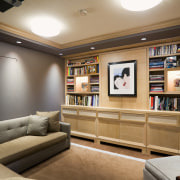 View of the media room where the built-in ceiling, home, interior design, living room, room, brown