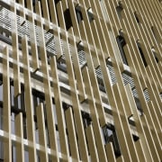 Timber sunshades on the building exterior create dappled architecture, building, facade, line, material, structure, wood, brown