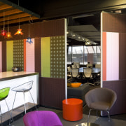 This space is connected to the boardroom via café, interior design, table, black