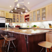 Image of a kitchen which features cabinetry from cabinetry, countertop, cuisine classique, hardwood, home, interior design, kitchen, property, real estate, room, gray, red, orange