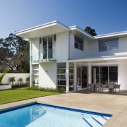 The height of the roof above the alfresco architecture, building, elevation, estate, facade, home, house, mansion, property, real estate, residential area, swimming pool, villa, window, gray, teal