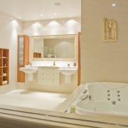 Bathrooms fixtures and fittings were supplied by Mico bathroom, estate, floor, home, interior design, room, sink, suite, orange