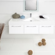 The new Mirage vanity, from design innovators Architectural bathroom, bathroom accessory, bathroom cabinet, bathroom sink, ceramic, drawer, floor, flooring, furniture, plumbing fixture, product, product design, sink, tap, tile, white