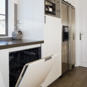 The kitchen includes a Smeg SCM1 built-in coffe countertop, floor, home appliance, interior design, kitchen, major appliance, product design, white