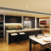 The new 155SGE Wine cabinet offers a combination interior design, kitchen, living room, table, orange, black