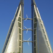 The new Bahrain world Trade Centre meets up architecture, building, corporate headquarters, daytime, landmark, metropolitan area, sky, skyscraper, tower, tower block, blue