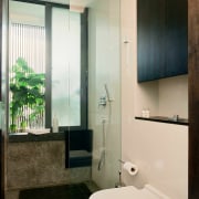 This bathroom features a compartmentalized shower and toilet bathroom, bathroom accessory, home, interior design, plumbing fixture, room, window, orange