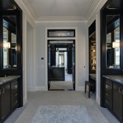 View of the master bathroom. Two identical vanities bathroom, cabinetry, countertop, estate, home, interior design, room, black, gray