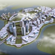 View of the Fleet of Putrajaya residential towers aerial photography, artificial island, bird's eye view, metropolis, metropolitan area, mixed use, residential area, suburb, urban design, water, water resources, gray