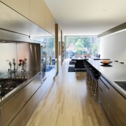 View of kitchen which features quartersawn red oak architecture, countertop, house, interior design, kitchen, gray, brown