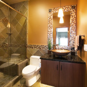 Image of newly remodelled bathroom by NKBA Chicago. bathroom, ceiling, floor, flooring, home, interior design, room, sink, tile, wall, brown, orange