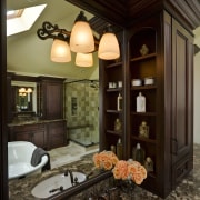 Image of newly remodelled bathroom by NKBA Chicago. bathroom, cabinetry, ceiling, countertop, home, interior design, room, black, brown