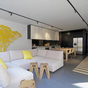 View of the living room area which features architecture, ceiling, interior design, living room, room, gray