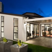 In keeping with modern lifestyles, the living spaces architecture, elevation, estate, facade, home, house, property, real estate, residential area, window, blue