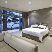 Resene Livid Brown and Resene Midwinter Mist feature bed frame, bedroom, ceiling, estate, interior design, property, real estate, room, suite, wall, window, gray