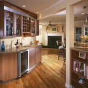 Comtempary Kitchen Cherry Laminate with viking beverage centre cabinetry, countertop, cuisine classique, floor, flooring, hardwood, interior design, kitchen, laminate flooring, real estate, room, wood flooring, brown, orange