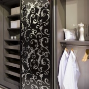 This grey linear patterned wardrobe from Innovative Interiors' closet, furniture, interior design, wardrobe, black, gray