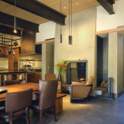 Image of the lounge, dining and kitchen in ceiling, dining room, interior design, lobby, black