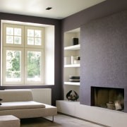 An abstract botanical design, Vision Kosy, has been ceiling, floor, furniture, home, interior design, living room, room, wall, window, window covering, window treatment, gray, black