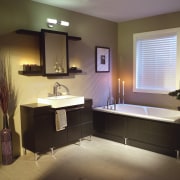 Image of a bathroom which features an integrated bathroom, bathroom accessory, interior design, room, sink, brown