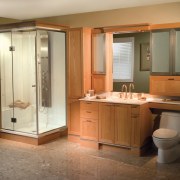 Image of a bathroom which features an integrated bathroom, bathroom accessory, bathroom cabinet, cabinetry, interior design, room, brown, orange