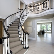 Image of the stairway which have been designed baluster, floor, flooring, handrail, home, interior design, lobby, stairs, structure, gray