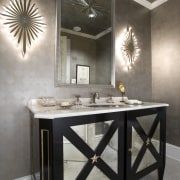 Image of the bathroom which have been designed ceiling, countertop, floor, flooring, furniture, interior design, sink, table, tile, gray, black