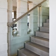 View of a stairway with a glass ballustarde architecture, daylighting, glass, handrail, interior design, stairs, gray