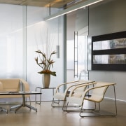 Image of  fit-out in Stephenson &amp; Turner chair, floor, furniture, glass, interior design, product design, table, wall, window, white