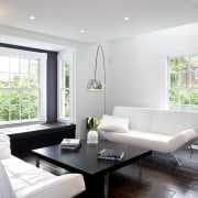 A shot of the white painted contemporary minimalist ceiling, floor, home, house, interior design, living room, property, real estate, room, window, gray, white