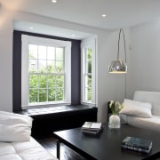 A shot of the white painted contemporary minimalist ceiling, daylighting, home, interior design, living room, room, window, gray