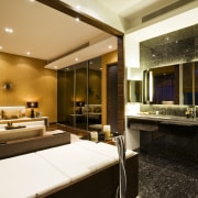 View of bathroom featuring vanity with marble top, ceiling, interior design, room, suite, brown, orange