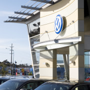 View of Tristram European's new VW showroom which architecture, automotive exterior, building, car, daytime, family car, motor vehicle, sky, technology, vehicle, white, black