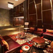 Interior view of apartments in the Lucient residential interior design, living room, restaurant, room, table, red, brown