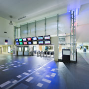 View of the Fortitude Valley train station where airport terminal, daylighting, interior design, leisure centre, lobby, structure, gray, blue