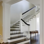 Image of the bottom of the wooden stairway baluster, floor, handrail, hardwood, home, interior design, stairs, structure, gray