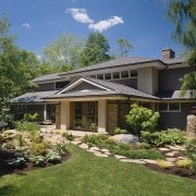 Image of the exterior of this contemporary new backyard, cottage, elevation, estate, facade, grass, home, house, landscape, landscaping, lawn, outdoor structure, property, real estate, residential area, roof, siding, villa, window, yard, brown