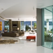 View of the living area with large glass ceiling, condominium, estate, home, house, interior design, living room, lobby, real estate, window, gray