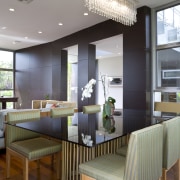 View of dining area which features dining room ceiling, dining room, interior design, living room, table, gray