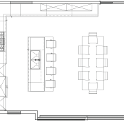 Floor plan of the kitchen and dining areas. angle, area, black and white, design, diagram, drawing, floor plan, font, line, plan, product design, structure, technical drawing, text, white