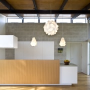 View of a kitchen which features a hood architecture, ceiling, house, interior design, loft, gray, white