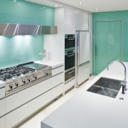 Image of beach house kitchen which has a architecture, countertop, glass, interior design, kitchen, white