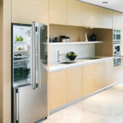These Electrolux E:Line refridgerators are sleek, spacious and cabinetry, countertop, interior design, kitchen, white