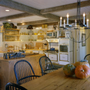View of a remodelled country-styled kitchen which features countertop, home, interior design, kitchen, room, brown
