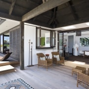 Exterior view of the side of the bach estate, house, interior design, living room, property, real estate, black, gray