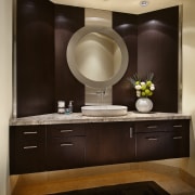 View of bathroom vanity with granite top, oak bathroom, bathroom accessory, cabinetry, countertop, furniture, interior design, kitchen, room, sink, black