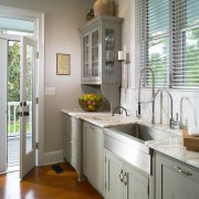 View of e distressed pine cabinets and Shaker-style cabinetry, countertop, cuisine classique, floor, flooring, hardwood, home, interior design, kitchen, real estate, room, window, gray