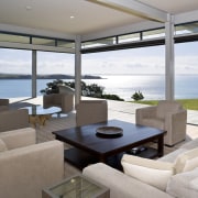 Image of the open planned lounge and dining apartment, interior design, living room, penthouse apartment, property, real estate, window, gray