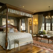 View of Tuscan-style master bedroom featuring four-post bed bed, bed frame, bedroom, ceiling, estate, four poster, furniture, home, interior design, living room, room, window, wood, brown