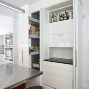 view of a kitchen designed and manufactured by cabinetry, countertop, home appliance, interior design, kitchen, kitchen appliance, major appliance, refrigerator, shelf, shelving, white